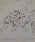 Wrestlers in Training. 1961, Paper, Ink, 31×28, Family Property